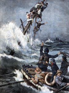 The rescue team brought back safely the sailors of a shipwrecked steamboat after 40 hours perched on the masts of the sinking ship. Illustration by Beltrame. La Domenica del Corriere. 08/1909.