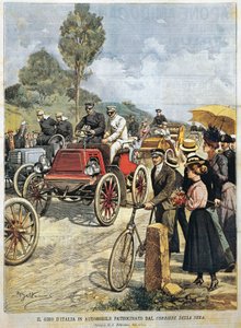 Tour of Italy by car, sponsored by Corriere della Sera, illustration by Achille Beltrame from La Domenica del Corriere, May 19 by Achille Beltrame