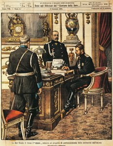 Tsar Nicholas II signing project for institutional reforms, from La Domenica del Corriere, 8th January 1905