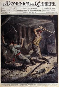 Two French and Portuguese miners fighting with their axes in a gallery because of a love story - drawing by A. Beltrame, in “La Domenica del Corriere” of February 1 by Achille Beltrame