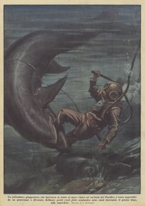 A Japanese diver, working at the bottom of the sea near a Pacific island by Achille Beltrame