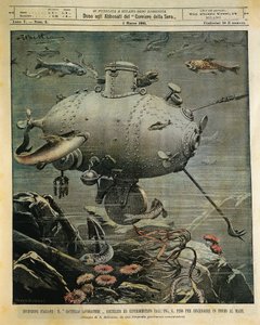 Underwater sea vessel for exploring seabed, illustration by Achille Beltrame, from La Domenica del Corriere, March 1 by Achille Beltrame