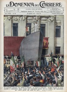 Visit of the Duke Benito Mussolini to Messina During a Trip to Sicily. Illustration by Achille Beltrame in 