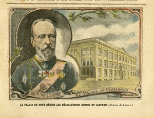 Illustration of Achille Lemot in Le Pelerin, 20/08/05 - The Palace where Russian and Japanese negotiators are reunited - Russia, Japan, Russian-Japanese War, Portsmouth - Witte Serge