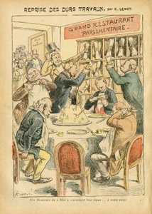 Illustration of Achille Lemot in Le Pelerin, 27/10/07 - Resumption of hard work - Antiparliamentarism, Restaurant Cafes, Chamber of Deputes Hemicycle, Bloc des lefts, Plate au beurre - Depute - Metaphore alimentaire