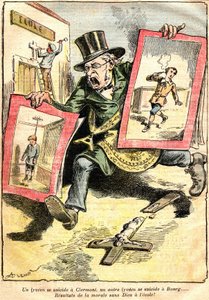 The results: one lyceen suicide in Clermont, another in Bourg: results of morality without God at school! - Cartoon by Achille Lemot in Le Pelerin (1909) - opposition of Laique and religious teaching (Catholic) - an official of the Republic wea