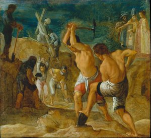 The Frankfurt Altarpiece of the Exaltation of the True Cross: The Digging for the Cross (bottom middle left) by Adam Elsheimer