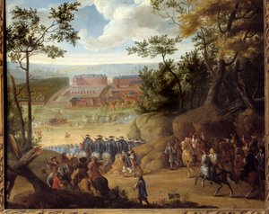 View of Versailles in 1664 with the King of France Louis XIV and a Company of Musketeers