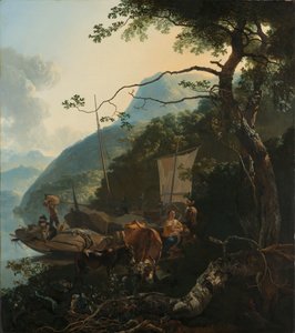 Boatmen Moored on the Shore of an Italian Lake by Adam Pijnacker