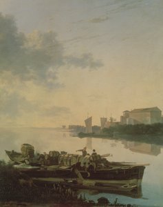 A Wooden Barge on the River by Sunset by Adam Pynacker