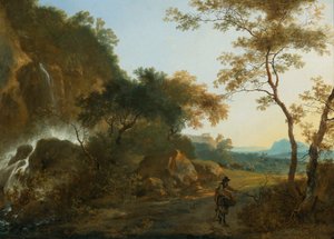 Italianate Landscape with a Traveller on a Path by a Waterfall by Adam Pynacker