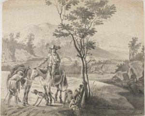 Riders and Dogs in Rocky Landscape by Adam Pynacker