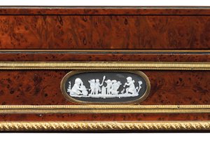 Late Louis XVI ormolu and cameo-mounted burr yew wood and mahogany table travailleuse by Adam Weisweiler