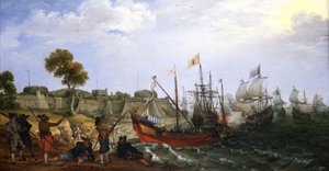 A Dutch war squadron attacking a Spanish colonial fortress, defended by boats