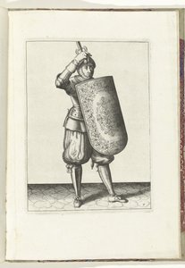 The Exercise with the Targe and Rapier: How the Soldier Should Close the Visor of His Helmet with the Targe and the Drawn Rapier in Hand (No. 7), 1618 by Adam van Breen