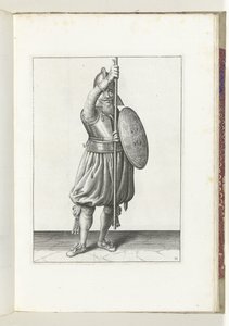 Exercise with shield and pike: the soldier returns the pike to the rest position in three movements, second movement (no. 11), 1618 by Adam van Breen