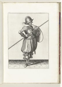 The exercise with shield and pike: the soldier brings the pike into position to drag in two movements, first movement (no. 13), 1618 by Adam van Breen