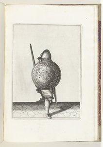 Exercise with Shield and Spear: The Soldier in a Defensive Stance with One Foot Forward and His Rapier and Shield on His Knee in Front of His Body, Seen from the Front (no. 22), 1618 by Adam van Breen