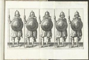 Exercise with Shield and Spear: Five Soldiers Standing in Line with Spear in Right Hand Resting on the Ground and Shield in Front of Chest, 1618 (De Nassausche Wapen-Handelinge) by Adam van Breen