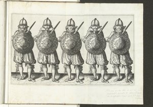 The Exercise with Shield and Spear: Five Soldiers Standing Side by Side in Formation with the Rapier in the Right Hand and the Shield in Front of the Chest, 1618 by Adam van Breen