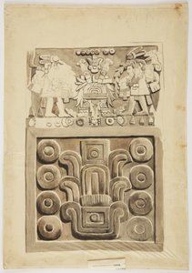 Stone relief from Mexico City showing two figures of warriors facing a central decorated 