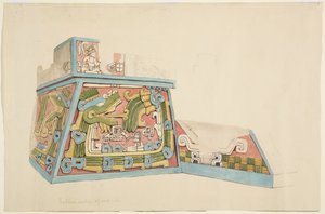 Painting of a stone relief from Xochicalco, Mexico North end of west side of lower terrace by Adela Breton