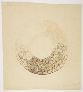 Pot Cover from Belize (formerly British Honduras) Circular Design, Part of Which is Missing, Shows a Design Including Figures of Men, Glyphs etc by Adela Breton