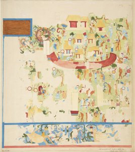 Quarter-scale copy of wall painting from north end of west wall, Upper Temple of the Jaguars, Chichen Itza, Mexico by Adela Breton