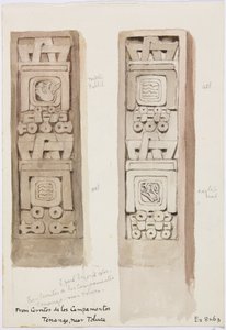 Two columns with stone reliefs, Cerritos de los Campamentos, Tenago, near Toluca, Mexico by Adela Breton