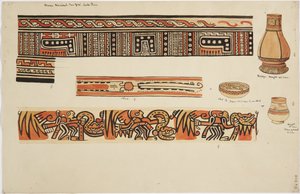 Two jars and a dish with designs