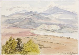 View from the Cerro del Calvario, Patzcuaxo on one side of the paper and on the other is a view of the ancient fortress and stone mounds, Iguatcho from Cerro del Calvario, Patzcuaro, Michoacan, Mexico by Adela Breton