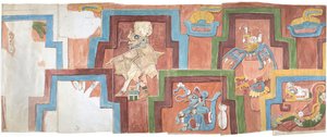 Watercolour copy of the stucco facade of the temple on the pyramid at Acanceh Figures 6-11 by Adela Breton