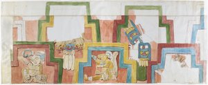 Watercolour copy of the stucco facade of the temple on the pyramid at Acanceh Figures 1-5 by Adela Breton
