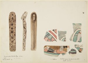 Wooden and pottery objects all decorated, from the Sacred Cenote, Chichen Itza, Yucatan, Mexico