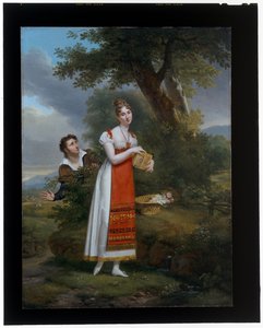 Lady Holding a Bird Cage Surprised by a Man, a Stag Hunt Beyond