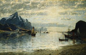 A Fjord Scene with Sailing Vessels by Adelsteen Normann