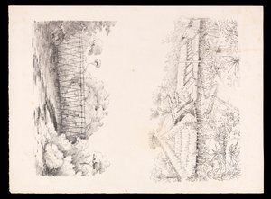 Village of the Stang tribe, Sarawak, Borneo; and a bridge of poles over a river from West Indies, North American and Borneo scrapbook, c.1845 by Admiral Sir Edward Gennys Fanshawe