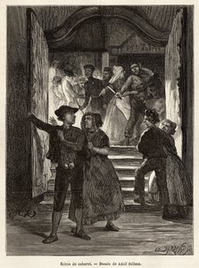 A cabaret scene, a couple leaves the scene, while a man threatens them with a knife, held by two women; while another couple faces them when entering the cabaret, engraving after the drawing by Adolf Dillens, illustrating a journey to Zelande (Neerlande) by Adolf Alexander Dillens
