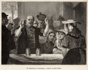 A retractor, in an inn in Kruiningen, makes his number in front of attentive spectators, engraved after the drawing by Adolf Dillens, illustrating a journey to Zelande (Neerlande), in 1873, by Charles de Coster, published in 