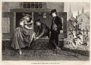 A shoemaker in a Zelandan village, makes a young woman try a shoe accompanied by a young man, engraving after the drawing by Adolf Dillens, illustrating a journey to Zelande (Netherlands)