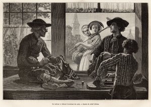 A tailor and his apprentice, working on the edge of the window to enjoy the light and the spectacle of the passers-by of the street, in Rilland (South Beveland), engraving after the drawing by Adolf Dillens, illustrating a journey to Zelande (Neerlande) by Adolf Alexander Dillens