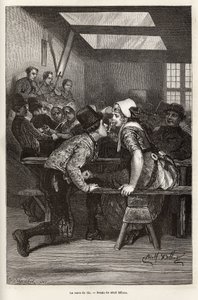 On fair days, the peasants offer to drink sweet liqueurs to young girls, the same glass serves everyone, and passes from mouth to mouth, often filled, and allows the young pretendant to make his court, at the rhythm of the orchestra and dances (engraving) by Adolf Alexander Dillens