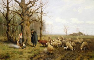 Children with a Shepherd and Sheep in a Landscape by Adolf Ernst Meissner