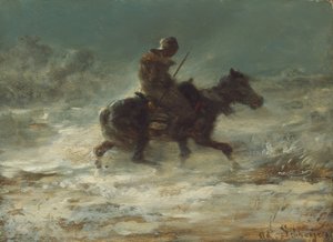 Man with Lance Riding Through the Snow