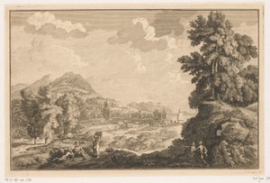 Arcadian River Landscape with Shepherds and Woman with a Laundry Basket by Adolf van der Laan