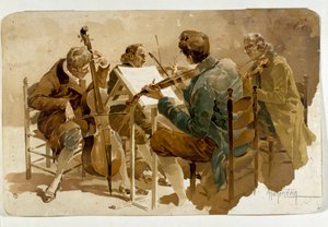 Four musicians: Three violinists and one cellist. Poster by Adolfo Hohenstein