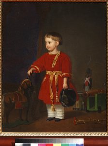 Portrait of a boy in a red dress with military toys by Adolf Jebens