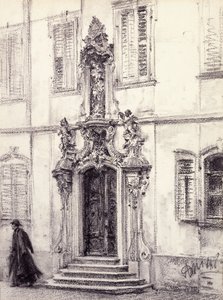 A Man Descending the Stairway of a Building Decorated with a Baroque Portal by Adolph Menzel