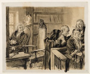 Adam Speaks Secretly to Eve. Light Listens. The Judge Calls Adam Back to the Bench. to Heinrich von Kleist, The Broken Jug by Adolph Menzel