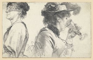 Bust of a Lady with Veil and Lady with Hat Drinking from a Glass